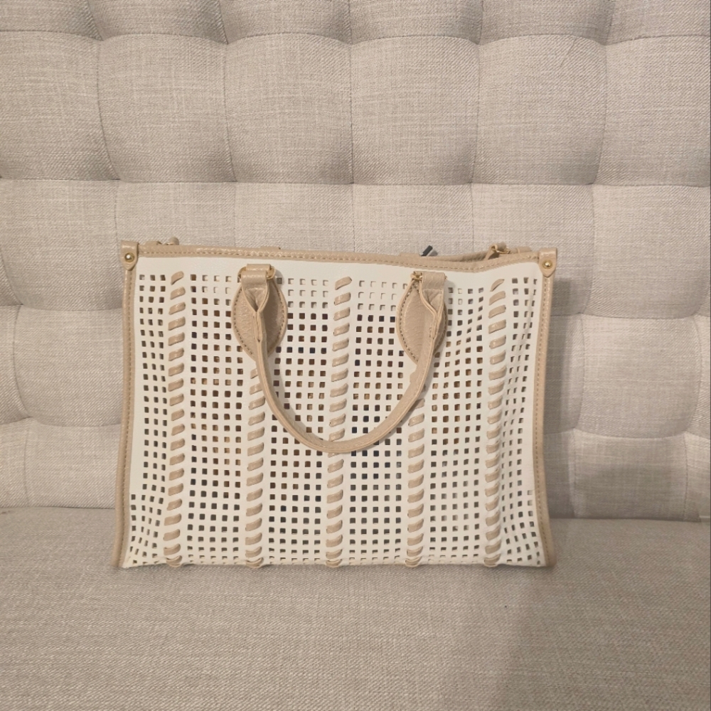 Cream And Taupe Woven Textured Summer Tote Bag - NWT!